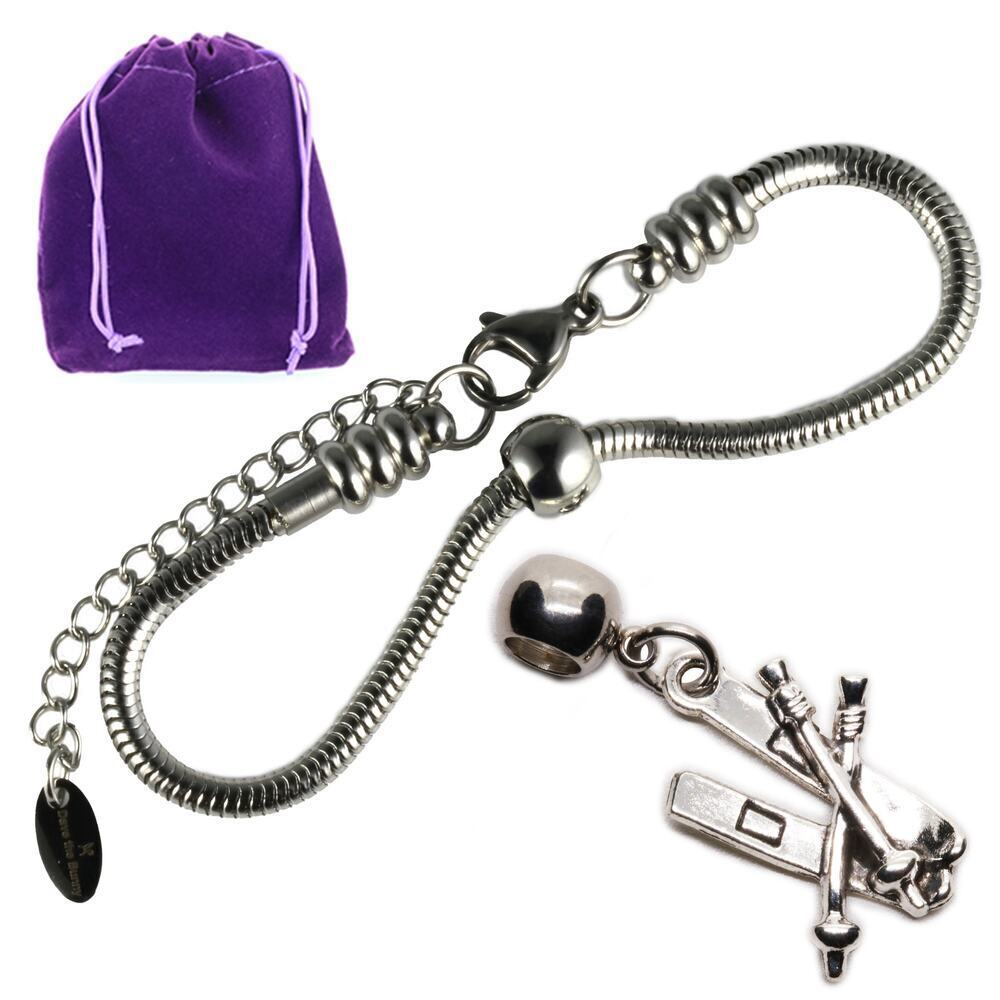 Dave the Bunny Ski Charm Bracelet with Skis Pendant for Skiing Fans, Stainless